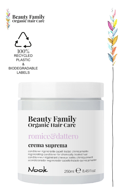 Nook Conditioner Crema Suprema rigenerante capelli trattati chimicamente con Romice e Dattero della linea Beauty Family Ha una Texture ricca e cremosa che coccola e avvolge il capello apportando un profondo grado di nutrimento e idratazione allo stelo. Regala una rinnovata lucentezza, elasticità e vitalità a tutti i capelli trattati e colorati chimicamente. Contrasta l’inaridimento della fibra apportando un corretto grado di idratazione.  Ph 3.0- 4.0  INGREDIENTI BASE:  ROMICE (Da agricoltura biodinamica) pianta selvatica dalle proprietà detossinanti antiossidanti e rinfrescanti, offre benessere alla cute, migliora l’aspetto generale dei capelli. DATTERO (Da agricoltura biologica) molto ricco di acidi grassi insaturi, protegge dagli effetti dannosi dei radicali liberi, offre nutrimento, idratazione, luminosità e benessere alla fibra capillare. 92% NATURALITÀ  91%  BIODEGRADABILITÀ,  METAL TESTED, NICHEL, CROMO, COBALTO, < 1 PPM  100% DI ORIGINE VEGETALE I TENSIOATTIVI, EMULSIONANTI E CONSERVANTI  100%  VEGAN  0%  SILICONI, SOLFATI, MIT/MI, SLES/SLS, PARAFFINE, PETROLATI, OLI MINERALI, COLORANTI.     Modi D’Uso: distribuire sui capelli bagnati e tamponati, pettinare e lasciare in posa qualche minuto. Risciacquare responsabilmente.  Composizione: AQUA (WATER), CETEARYL ALCOHOL, BEHENTRIMONIUM CHLORIDE, CETRIMONIUM CHLORIDE, GLYCERIN, METHYLPROPANEDIOL, PARFUM (FRAGRANCE), ORYZA SATIVA (RICE) BRAN OIL, RUMEX CRISPUS ROOT EXTRACT, PHOENIX DACTYLIFERA (DATE) FRUIT EXTRACT, PERSEA GRATISSIMA (AVOCADO) OIL, BETAINE, BUTYROSPERMUM PARKII (SHEA) BUTTER, POLYQUATERNIUM-37, ISOPROPYL ALCOHOL, CITRIC ACID, BENZOIC ACID, SORBIC ACID, BENZYL ALCOHOL.